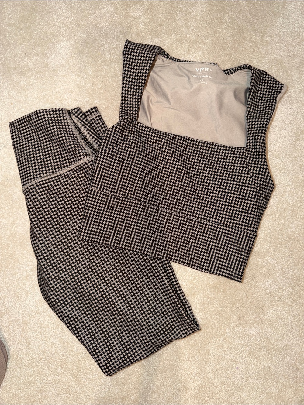 YPB Houndstooth Cropped Tank & Leggings Set - Black and Cream